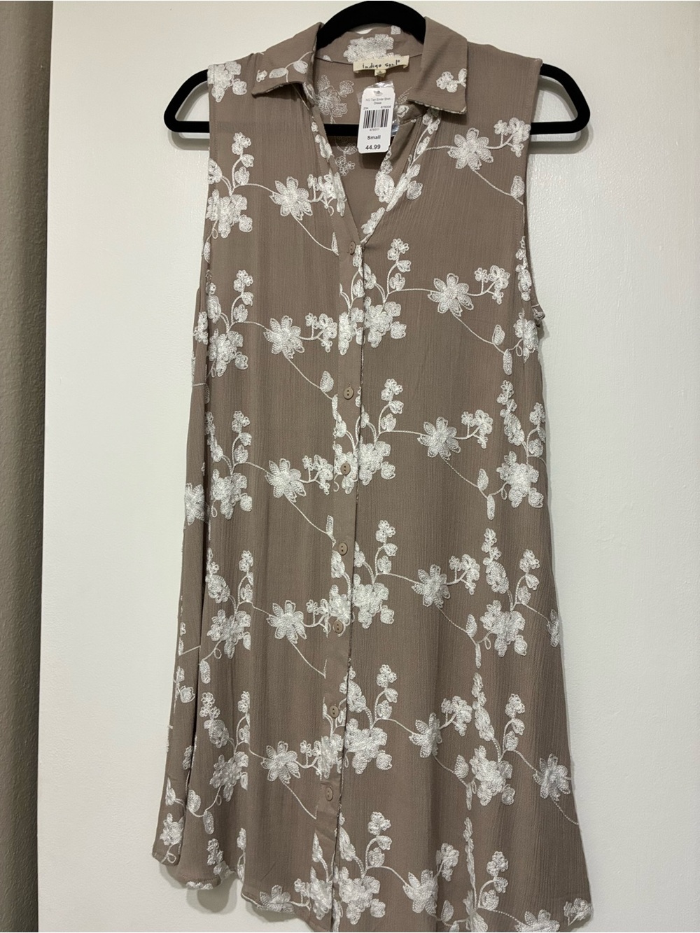 indigo soul Taupe Sleeveless Midi Dress with White Floral Embroidery